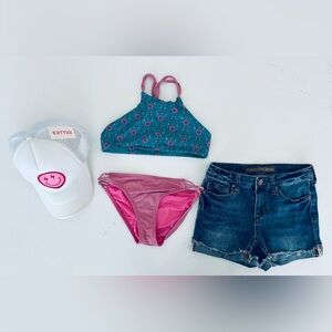 Joe's Jeans Classic Blue Denim short, O’Neil bikini, trucker hat